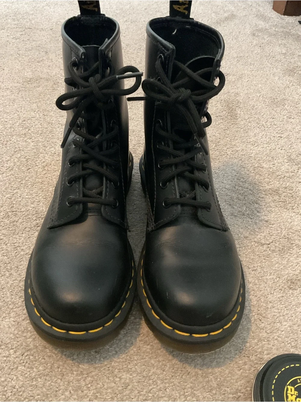 Dr. Martens Black Leather Lace-Up Boots with Yellow Stitching